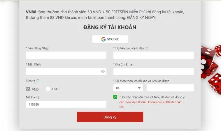 Giao diện đăng ký tài khoản VN88