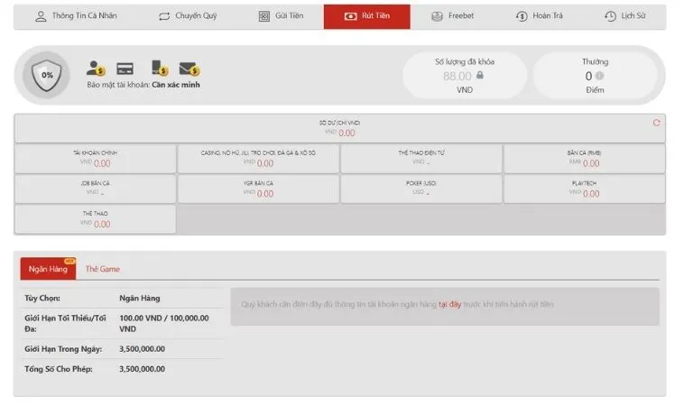 Giao diện Rút Tiền VN88
